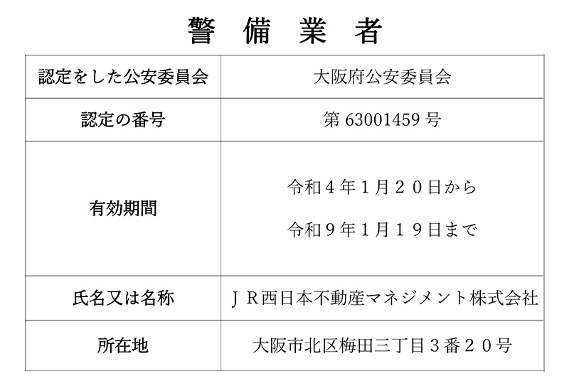 【警備業者】認定をした公安委員会：大阪府公安委員会、認定の番号：第63001459号、有効期間：令和4年1月20日から令和9年1月19日まで、氏名又は名称：JR西日本不動産マネジメント株式会社、所在地：大阪市北区梅田三丁目3番20号